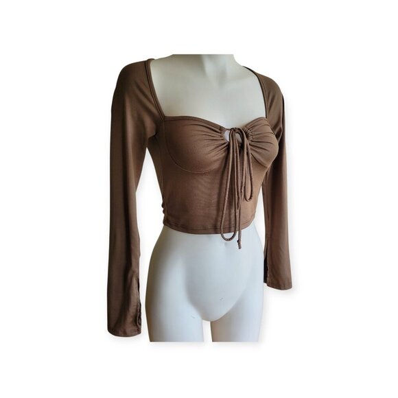 Brown Split Sleeve Keyhole Top by Pretty Garbage S - Picture 2 of 14